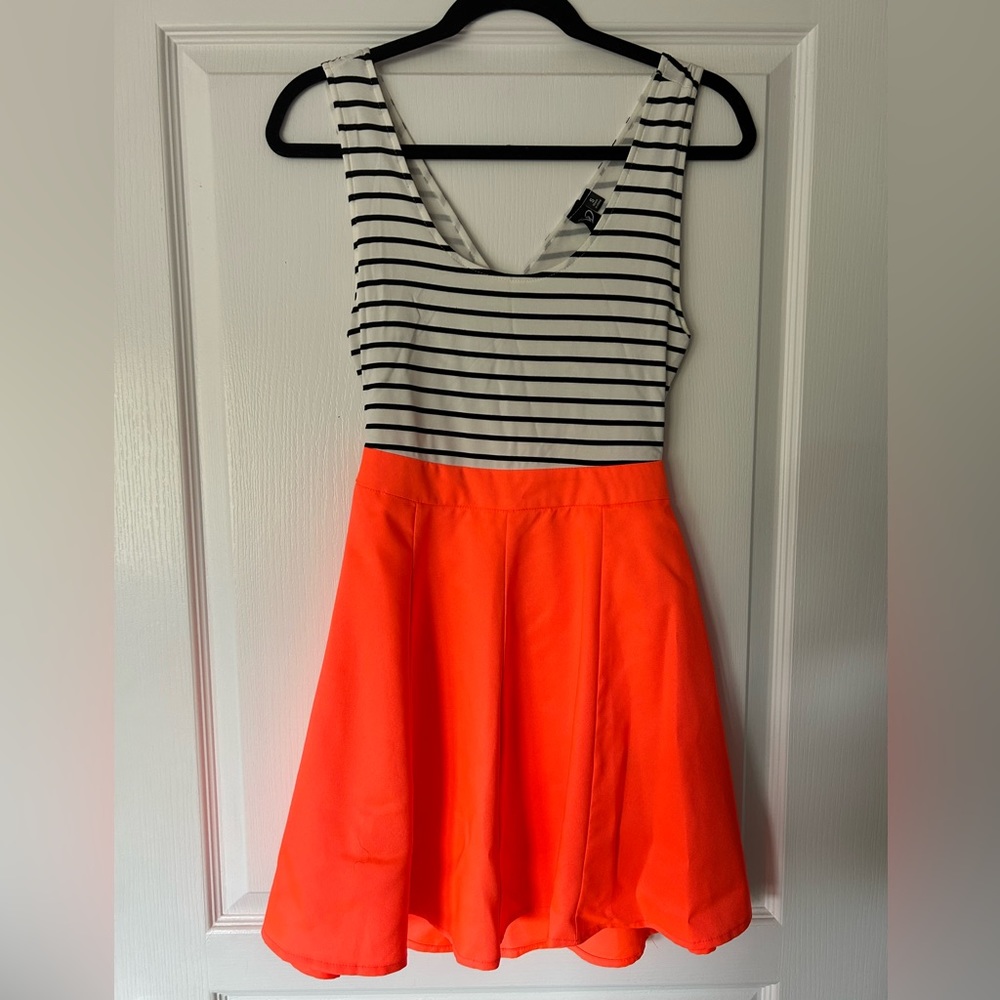 Black/white striped and neon orange sundress